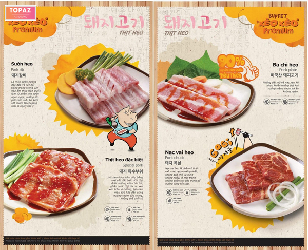 Menu buffet Xèo Xèo Premium 419.000 đồng tại Gogi Hải Dương với đa dạng loại thịt heo 